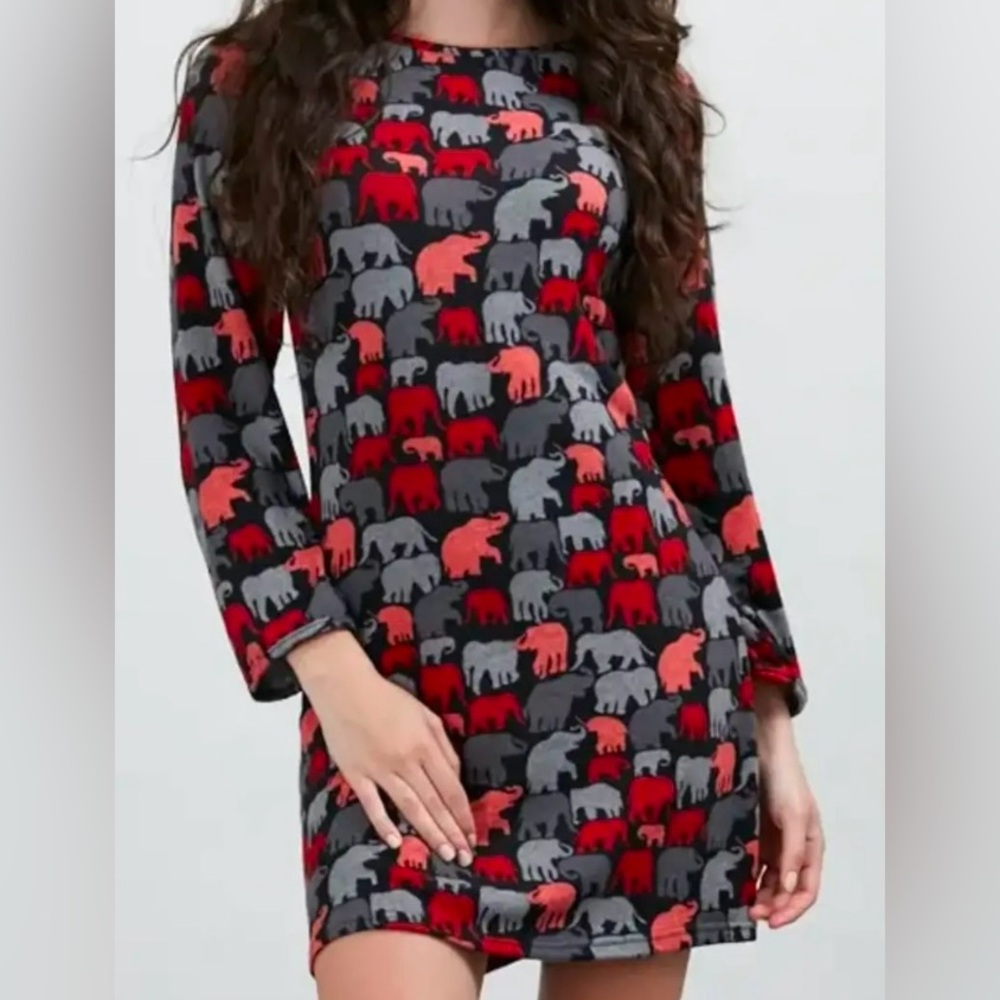 Elephant Print Dress - Red and Gray